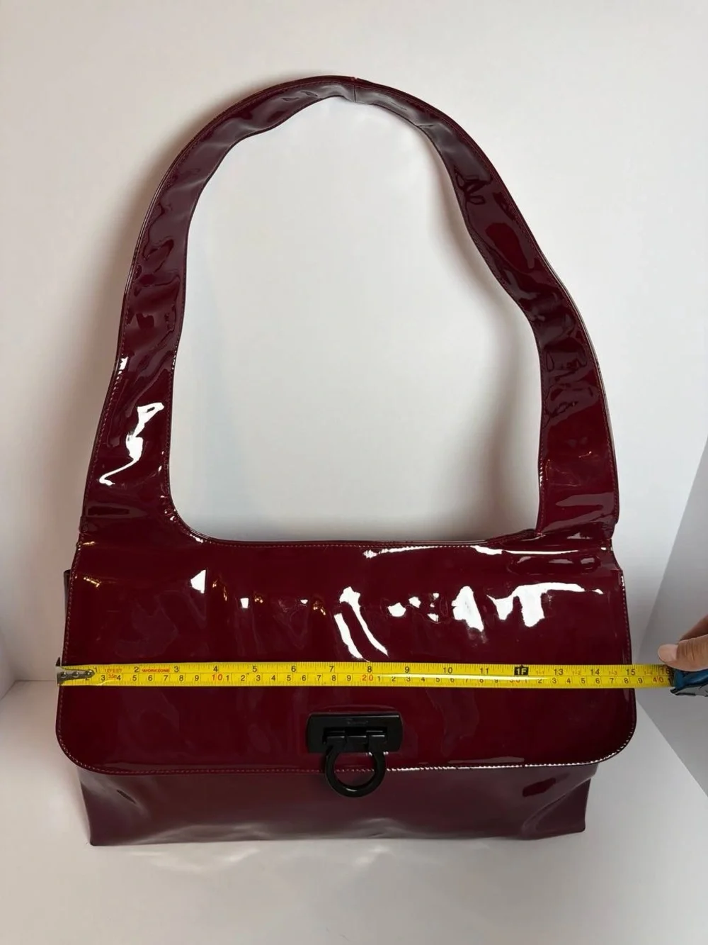 Salvatore Ferragamo Gancini Burgundy Glossy Patent Leather Shoulder Bag